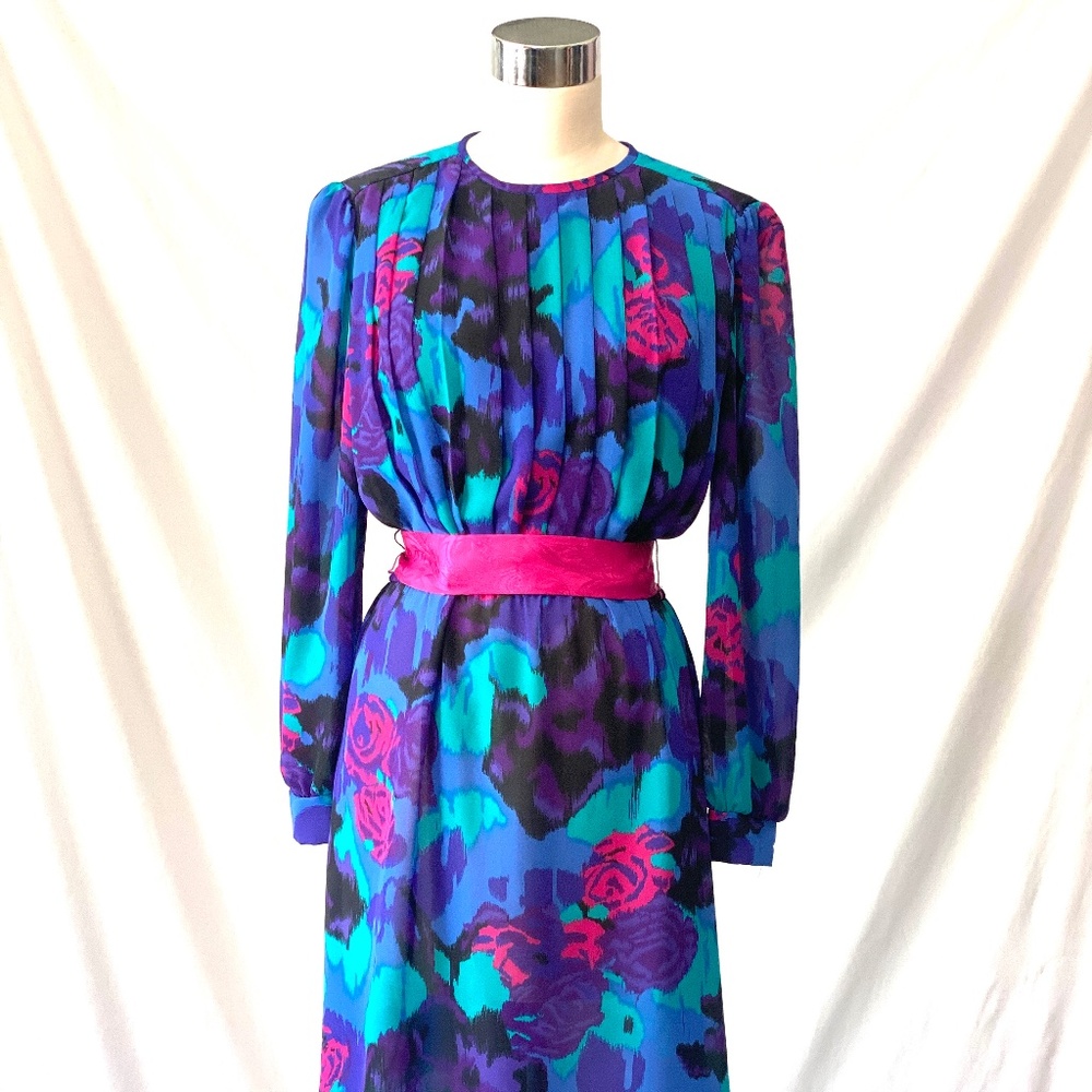 Mavinette Vintage‎ 80's Vibrant Colorful Floral Secretary Dress S